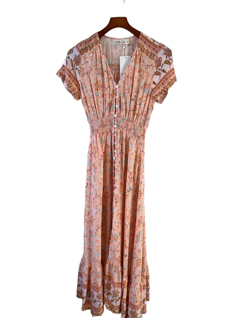 Ruby Sees V Neck Button Front Maxi dress Peach Floral Print